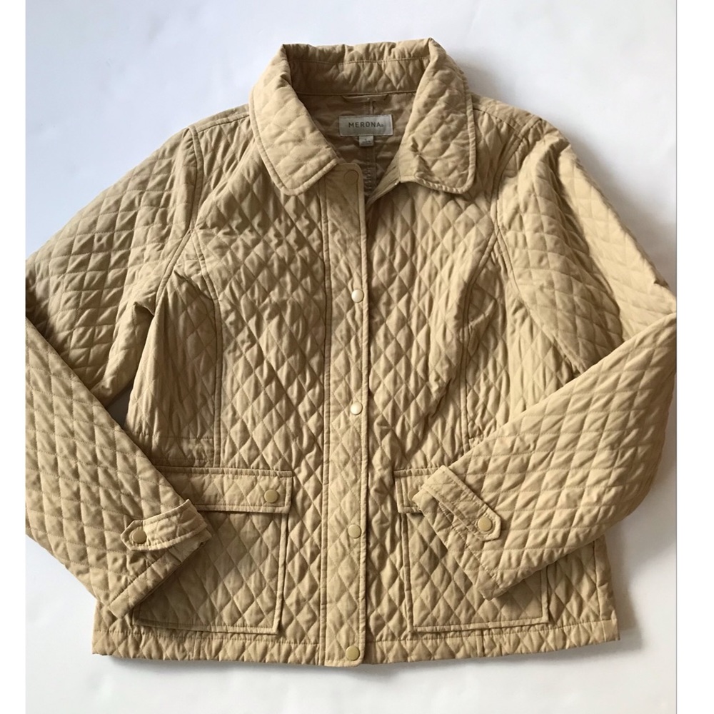 Merona Women’s Tan Quilted Jacket Zip Up & Snap Closure Size Large